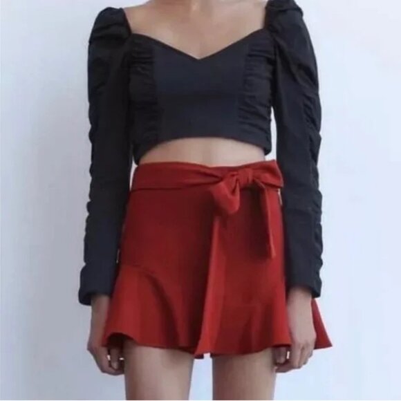 Zara Belted Bow Ruffle Skort – Size Medium (Burgundy/Red) - Picture 2 of 6
